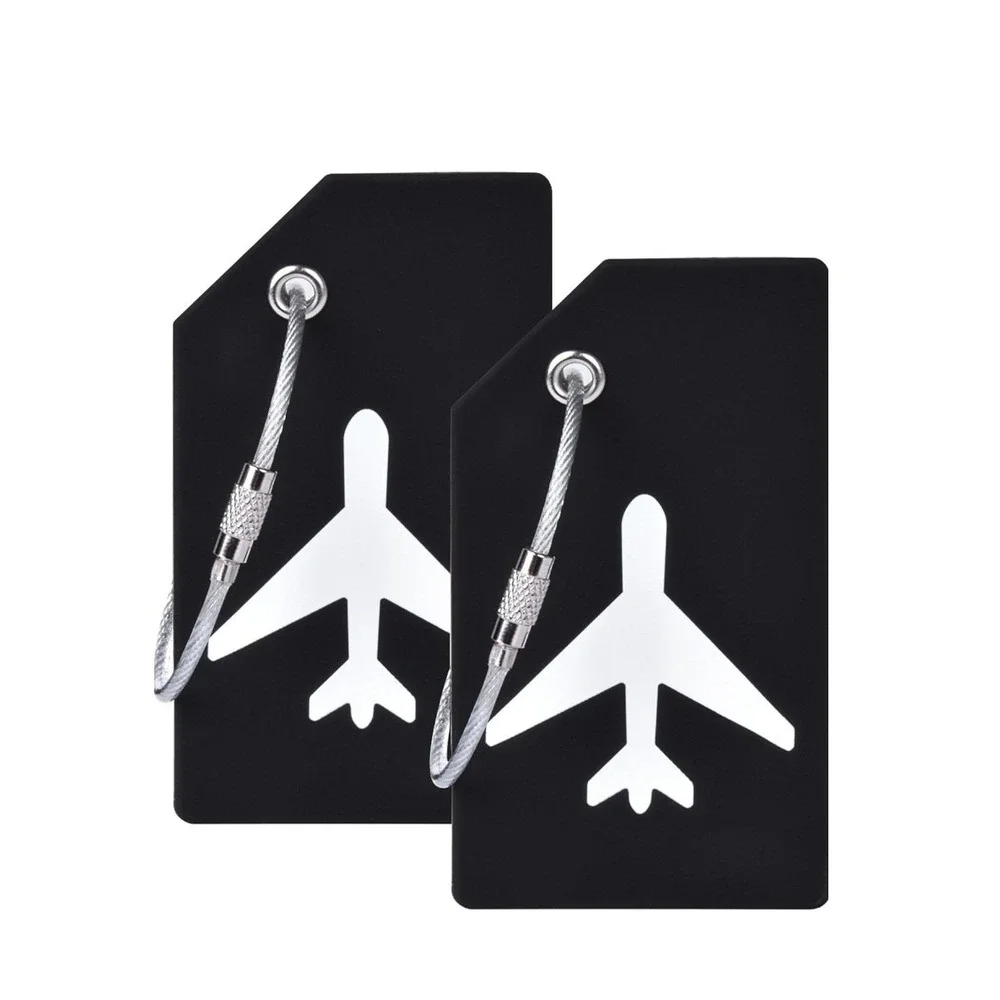 Shacke Luggage Tag 2pc Set Black White Airplane Silicone with Steel Cable Loops